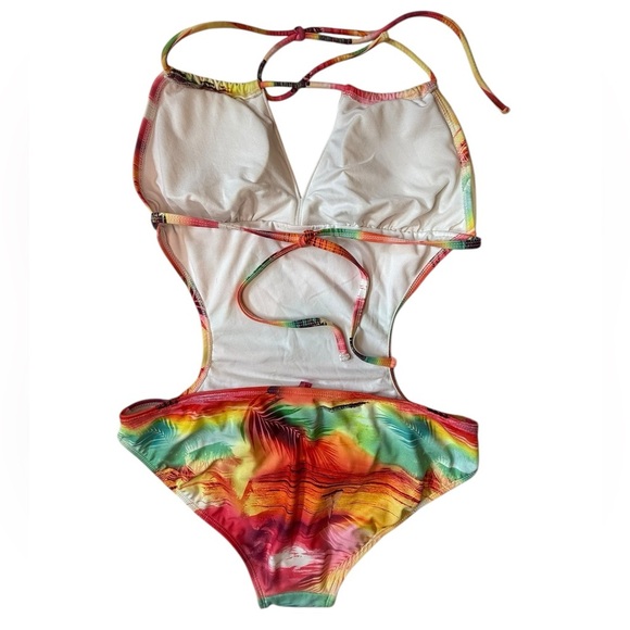OP Ocean Pacific Multi Colored One Piece Monokini Backless Halter Large (Jr) - Picture 2 of 6